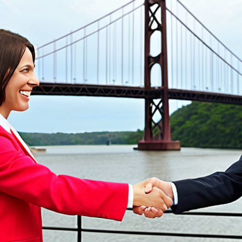 Home 15 **A businesswoman triumphantly closing a deal, shaking hands, with a bridge in the background symbolizing overcoming a financial hurdle, bright colors.** (Focuses on bridge loans opening opportunities).