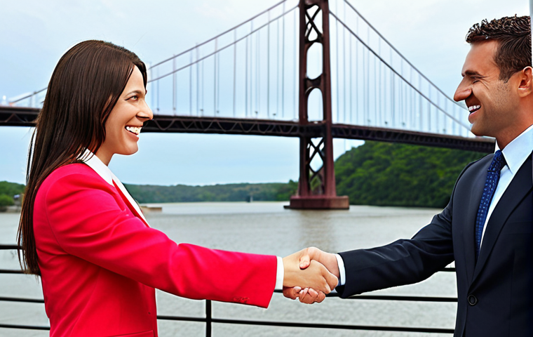 **A businesswoman triumphantly closing a deal, shaking hands, with a bridge in the background symbolizing overcoming a financial hurdle, bright colors.** (Focuses on bridge loans opening opportunities).