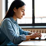 A focused individual, fully clothed in modest, comfortable attire, sitting calmly at a minimalist desk in a modern, sunlit co-working space. They are deeply engaged with a self-development application on a tablet, which displays a clean, intuitive interface for language learning or meditation. The atmosphere is peaceful and conducive to concentration. Perfect anatomy, correct proportions, natural pose, well-formed hands, proper finger count. Professional photography, high quality, realistic, natural lighting, soft focus background. Safe for work, appropriate content, fully clothed, family-friendly.