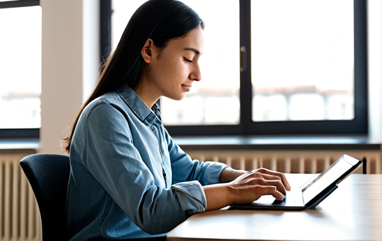 A focused individual, fully clothed in modest, comfortable attire, sitting calmly at a minimalist desk in a modern, sunlit co-working space. They are deeply engaged with a self-development application on a tablet, which displays a clean, intuitive interface for language learning or meditation. The atmosphere is peaceful and conducive to concentration. Perfect anatomy, correct proportions, natural pose, well-formed hands, proper finger count. Professional photography, high quality, realistic, natural lighting, soft focus background. Safe for work, appropriate content, fully clothed, family-friendly.
