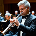**

A flute player, fully clothed in professional attire, performing a virtuosic passage on a silver flute in a concert hall. The background features a blurred orchestra. Safe for work, appropriate content, perfect anatomy, natural proportions, professional.

**