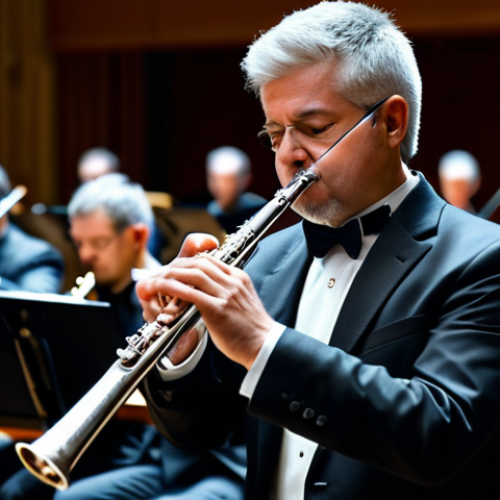 Home 7 **
A flute player, fully clothed in professional attire, performing a virtuosic passage on a silver flute in a concert hall. The background features a blurred orchestra. Safe for work, appropriate content, perfect anatomy, natural proportions, professional.
**