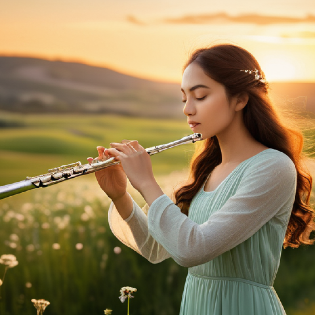 플룻 고급 연주 테크닉 - **Prompt Title: Serene Flutist in Golden Hour**
    A young woman playing a silver flute with an exp...