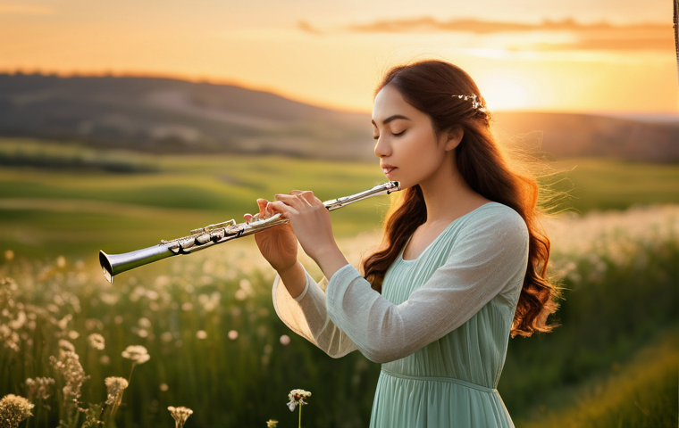 플룻 고급 연주 테크닉 - **Prompt Title: Serene Flutist in Golden Hour**
    A young woman playing a silver flute with an exp...