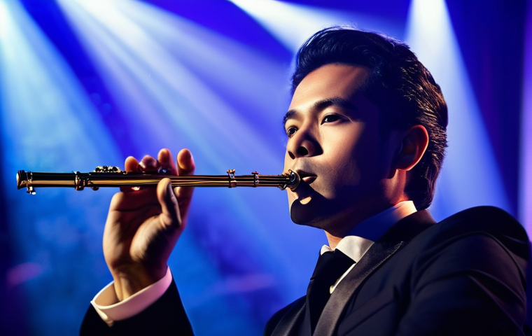 플룻 고급 연주 테크닉 - **Prompt Title: Serene Flutist in Golden Hour**
    A young woman playing a silver flute with an exp...