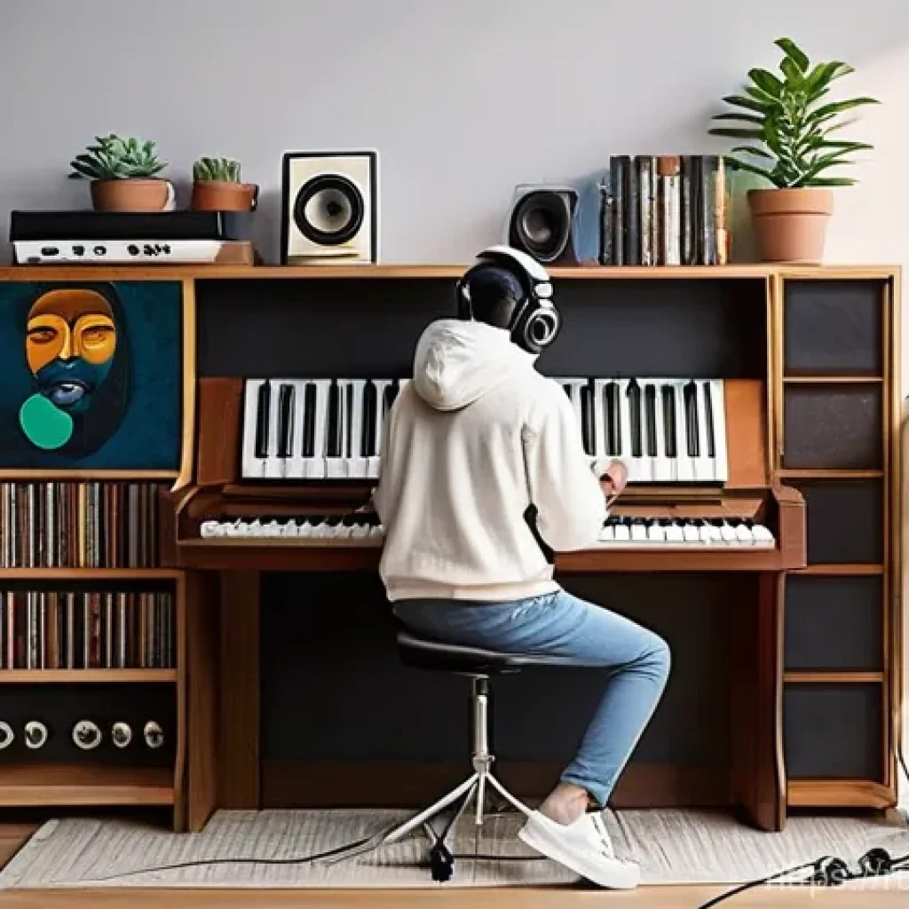 신디사이저 브랜드 추천 - **Prompt:** A cozy and inviting home music studio scene. A young adult, dressed in comfortable casua...