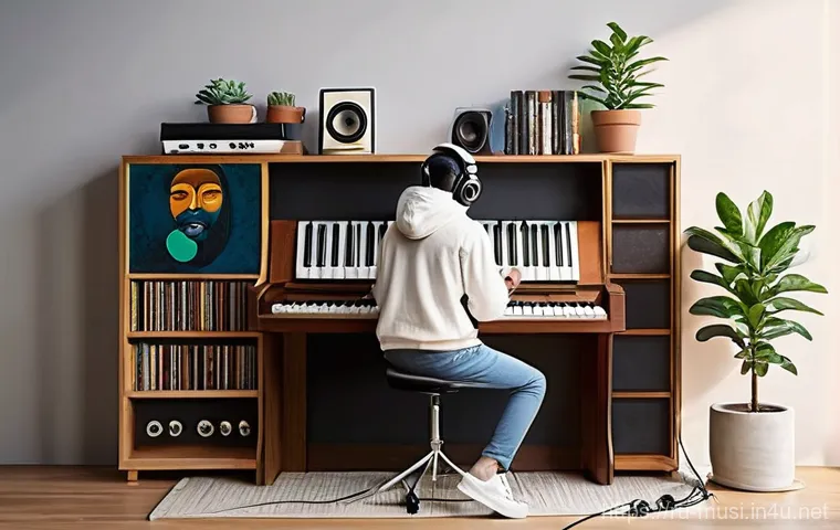 신디사이저 브랜드 추천 - **Prompt:** A cozy and inviting home music studio scene. A young adult, dressed in comfortable casua...