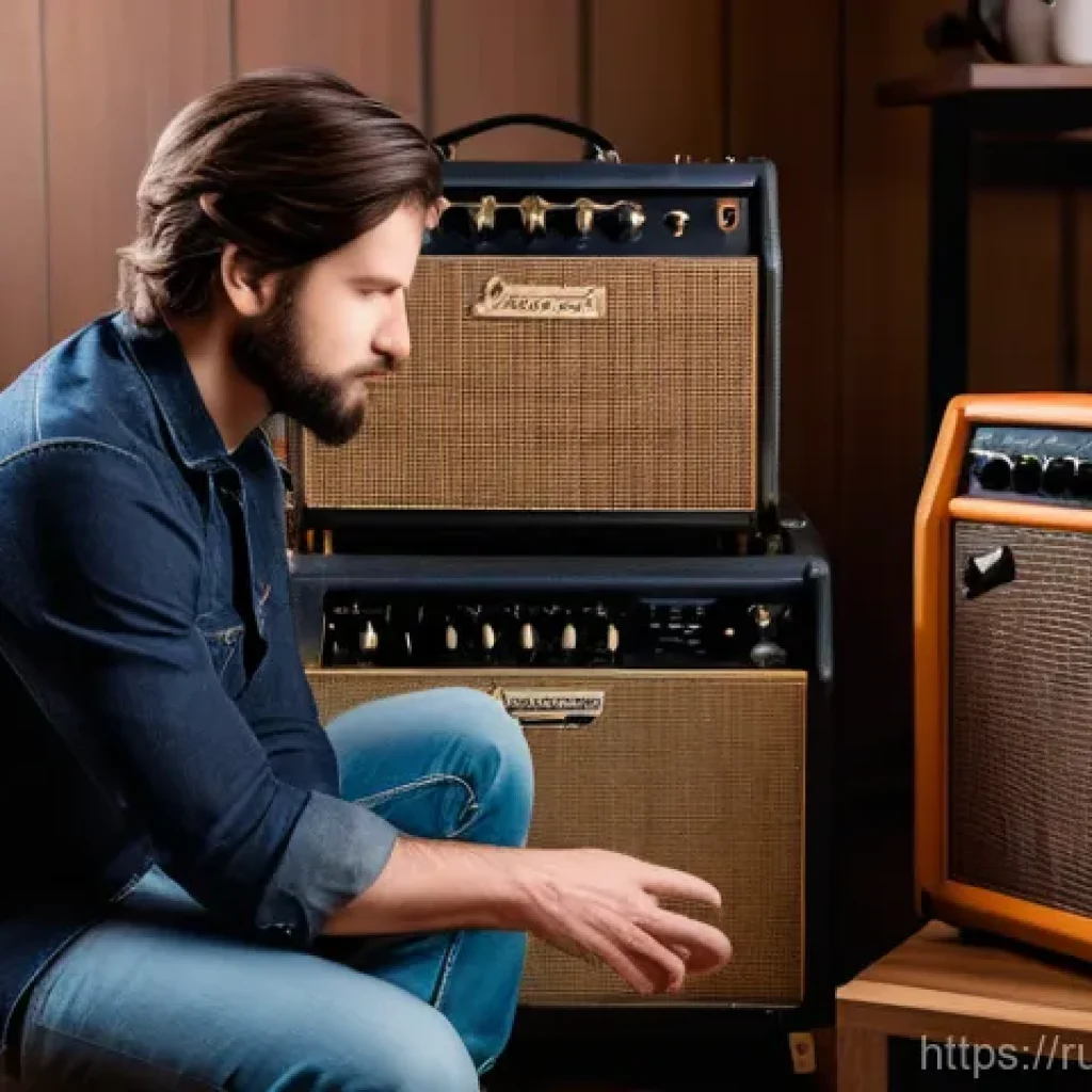 기타 앰프 대여처 - A professional guitarist in a cozy, well-equipped home studio, happily experimenting with a variety ...