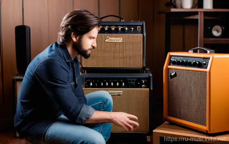 기타 앰프 대여처 - A professional guitarist in a cozy, well-equipped home studio, happily experimenting with a variety ...