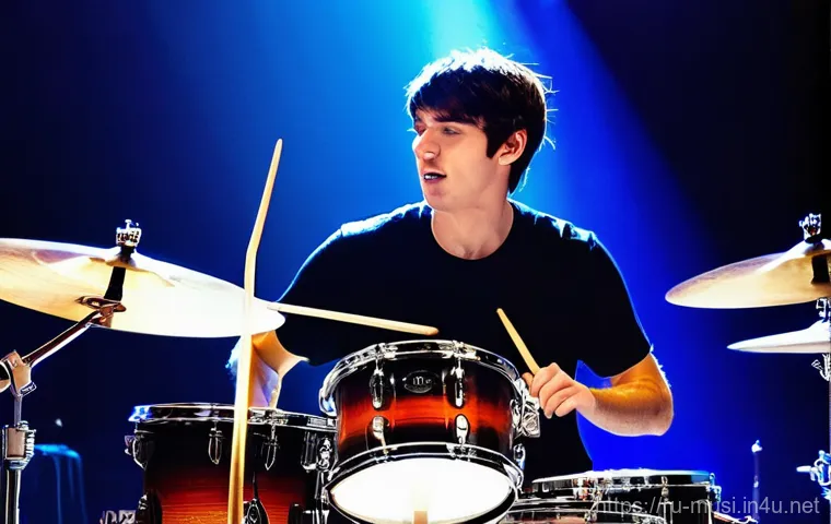 드럼 스틱 종류와 선택법 - **Hickory Drumsticks (Rock/Pop Scene):**
    "A male drummer in his late 20s, with short, dark hair ...