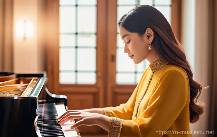 피아노 학습 앱 추천 - "A close-up shot of an adult's hands (gender-neutral) playing a sleek, modern digital piano. Above t...