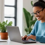 기타 초보자가 저지르는 실수 - "A brightly lit, cozy home office scene. A young woman, dressed in stylish yet comfortable casual we...