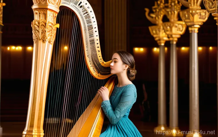하프와 기타의 차이 - **Prompt for Harp Image:**
    An elegant, serene young woman, dressed in a modest, flowing, floor-l...