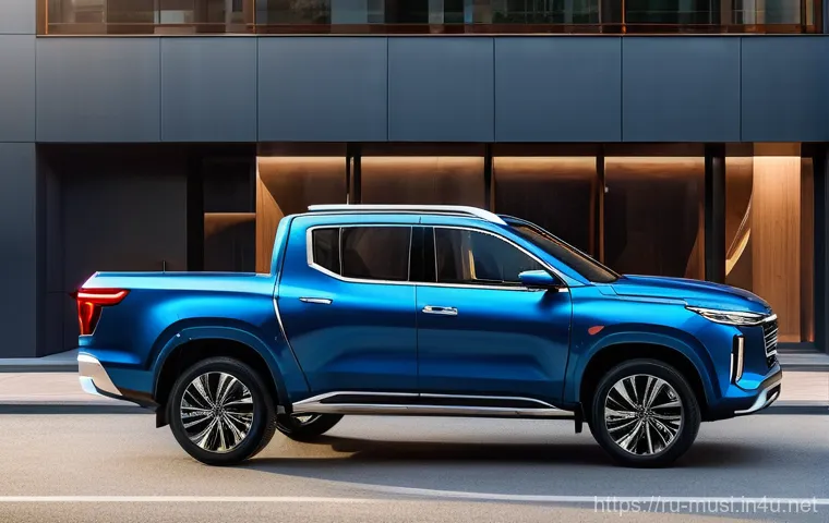 기타 픽업 종류 설명 - **Prompt:** A rugged UAZ Patriot Pickup (УАЗ Пикап) confidently navigating a challenging, muddy fore...