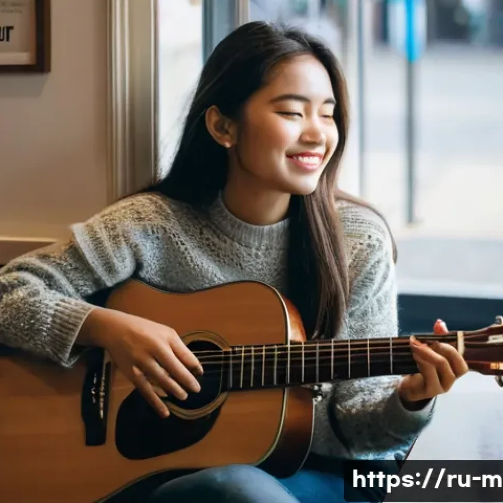 기타를 활용한 작곡 팁 - **"Finding the Spark"**: A young, thoughtful female songwriter in her early 20s, with a warm, gentle...