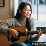 기타를 활용한 작곡 팁 - **"Finding the Spark"**: A young, thoughtful female songwriter in her early 20s, with a warm, gentle...