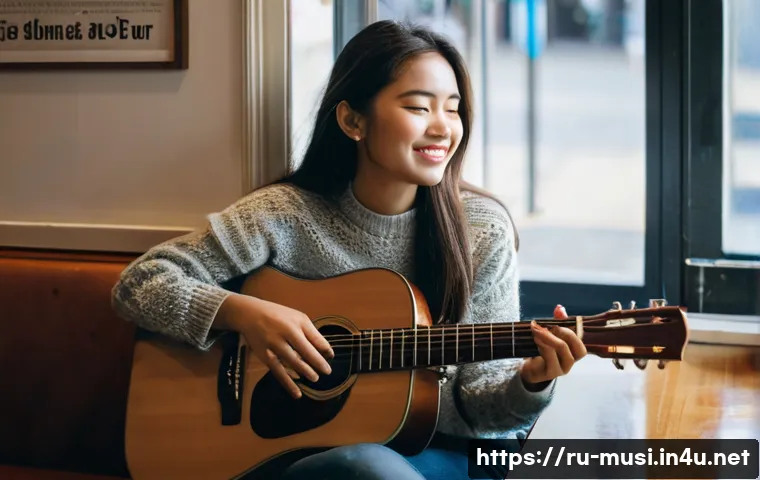 기타를 활용한 작곡 팁 - **"Finding the Spark"**: A young, thoughtful female songwriter in her early 20s, with a warm, gentle...