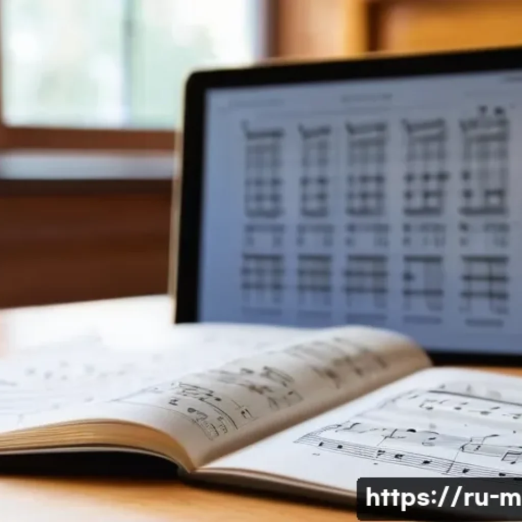 기타 악보 작성법 - A detailed and realistic illustration of a beginner guitarist learning to read sheet music and guita...