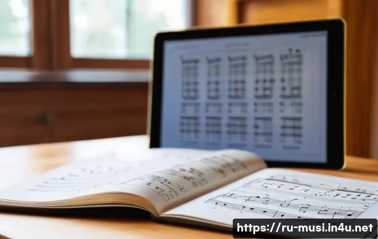 기타 악보 작성법 - A detailed and realistic illustration of a beginner guitarist learning to read sheet music and guita...