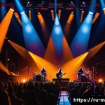 기타 무대 연출법 - A dynamic rock concert stage scene featuring vivid, contrasting colors such as intense reds, deep bl...