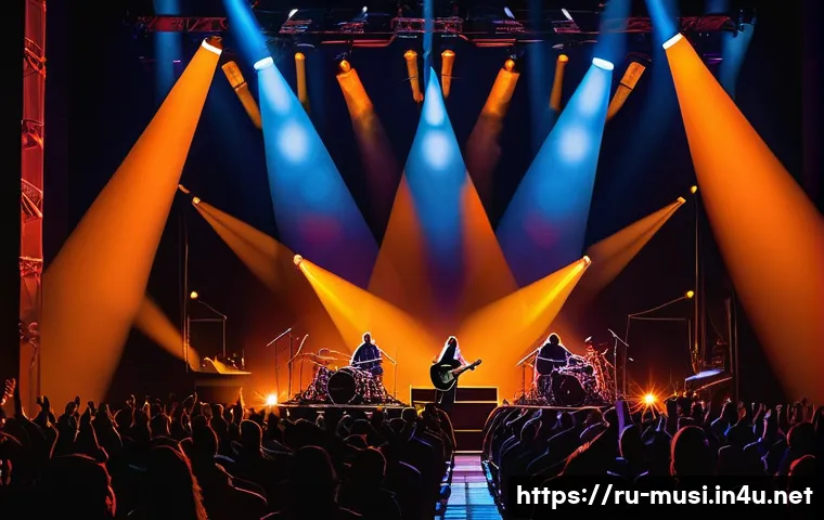 기타 무대 연출법 - A dynamic rock concert stage scene featuring vivid, contrasting colors such as intense reds, deep bl...