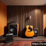 기타 녹음 팁 - A professional home recording studio scene featuring an acoustic guitar positioned near a high-quali...