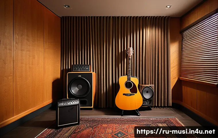 기타 녹음 팁 - A professional home recording studio scene featuring an acoustic guitar positioned near a high-quali...