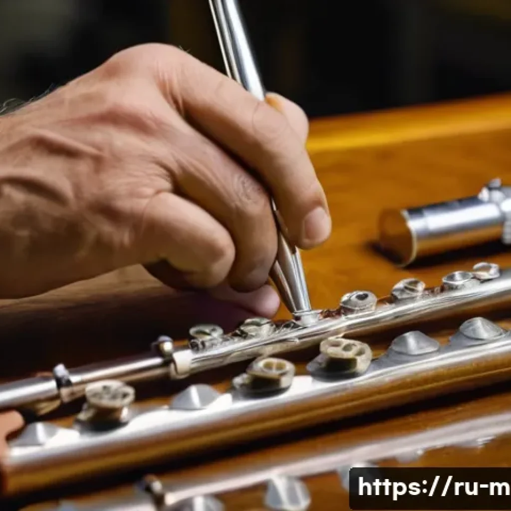 플룻 리페어 서비스 - A detailed close-up of a professional flute repair workshop, showing an experienced craftsman carefu...