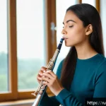 Home 20 플룻 연습 시 발생하는 문제 해결 - A focused young adult flutist practicing slow breathing exercises indoors, sitting upright with perf...