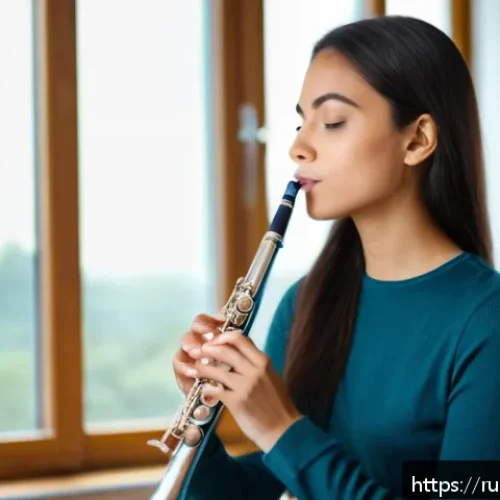 Home 32 플룻 연습 시 발생하는 문제 해결 - A focused young adult flutist practicing slow breathing exercises indoors, sitting upright with perf...