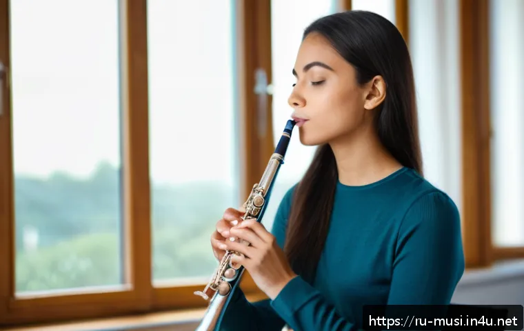 플룻 연습 시 발생하는 문제 해결 - A focused young adult flutist practicing slow breathing exercises indoors, sitting upright with perf...