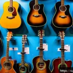 Home 19 기타 종류별 시장 가격 - A detailed scene of a modern Russian music store interior showcasing a variety of guitars on display...