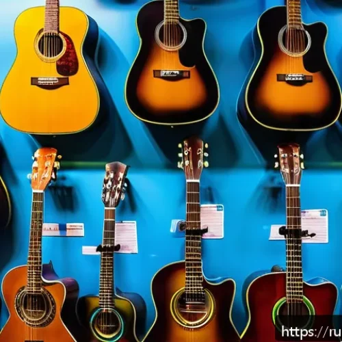 Home 31 기타 종류별 시장 가격 - A detailed scene of a modern Russian music store interior showcasing a variety of guitars on display...