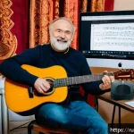 Home 18 기타 학습 온라인 강좌 - A cozy home music studio scene featuring a middle-aged Russian man practicing guitar lessons from a ...