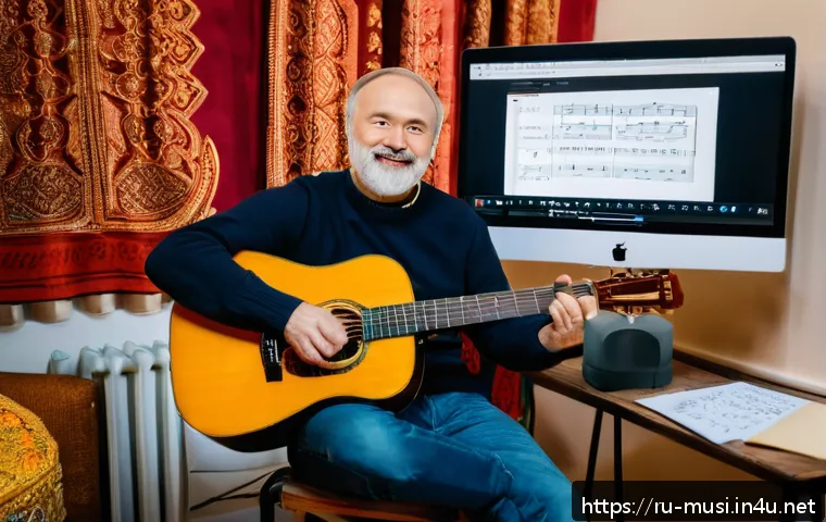 기타 학습 온라인 강좌 - A cozy home music studio scene featuring a middle-aged Russian man practicing guitar lessons from a ...