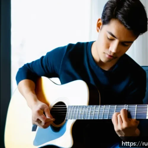 Home 17 기타 연습 루틴 만들기 - A focused young adult guitarist practicing finger warm-up exercises at home in a cozy, well-lit room...