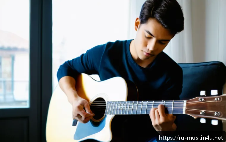 기타 연습 루틴 만들기 - A focused young adult guitarist practicing finger warm-up exercises at home in a cozy, well-lit room...