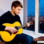 기타 연습 효과 높이는 법 - Photorealistic evening scene in a cozy Moscow apartment, a focused young adult guitarist seated upri...