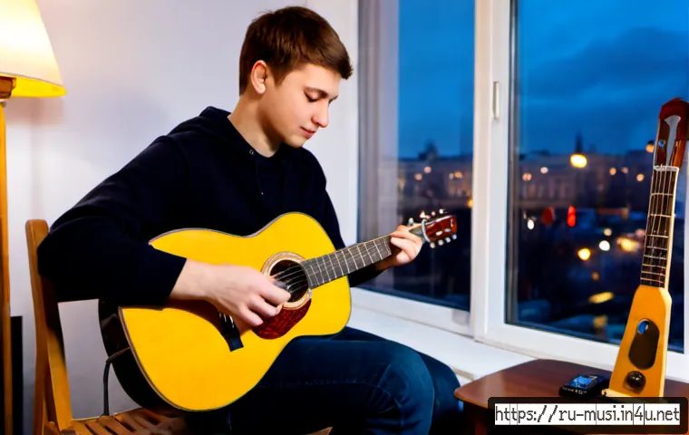 기타 연습 효과 높이는 법 - Photorealistic evening scene in a cozy Moscow apartment, a focused young adult guitarist seated upri...
