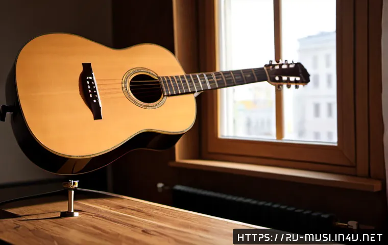Home 17 기타 음향 공학 기초 - Photorealistic close-up of an acoustic guitar resting on a clean wooden workbench in a quiet Moscow ...
