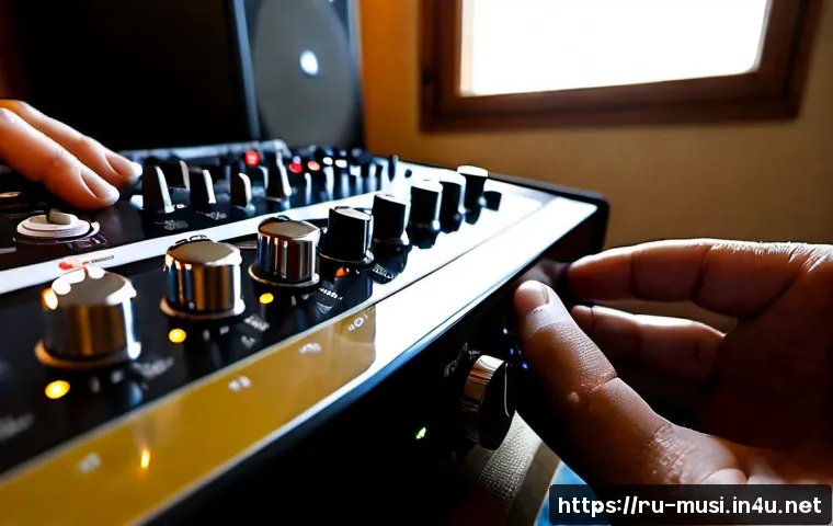 Home 17 기타 앰프 튜닝 방법 - Photorealistic close-up of a guitarist carefully adjusting small control knobs on a compact guitar a...