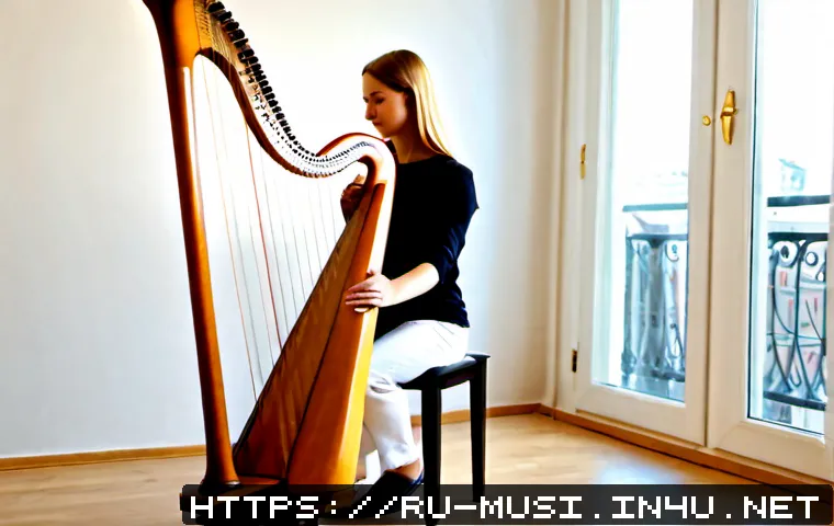Home 30 하프 연주 방법 - Photorealistic instructional scene of a Russian adult beginner seated at a full-size concert harp in...