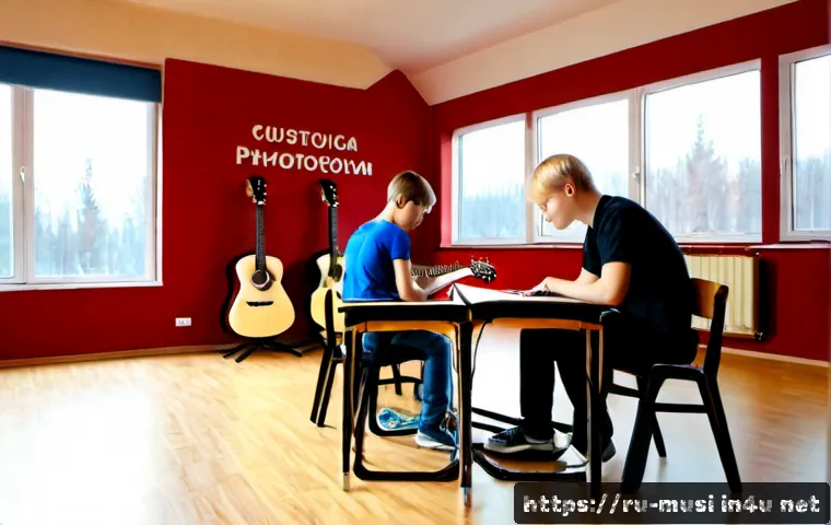 Home 17 기타 음악 학원 추천 - Photorealistic welcoming guitar music school in Moscow, bright modern lesson studio with a skilled a...