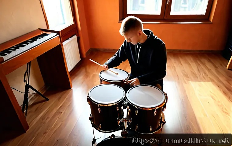 드럼 리듬 기초 배우기 - Photorealistic beginner drummer in a cozy Russian apartment practice corner, seated at a simple acou...