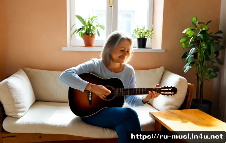 기타 취미의 장점 - Photorealistic cozy Russian apartment living room at golden hour, middle-aged woman happily practici...