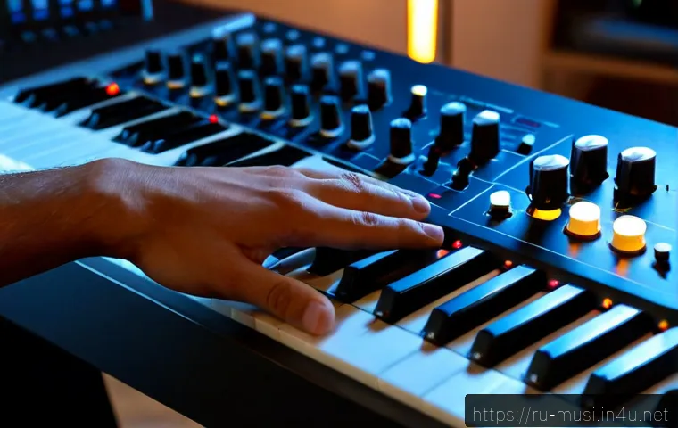 신디사이저 음향 효과 설정 - Photorealistic close-up of a modern hardware synthesizer on a tidy home-studio desk, an adult musici...