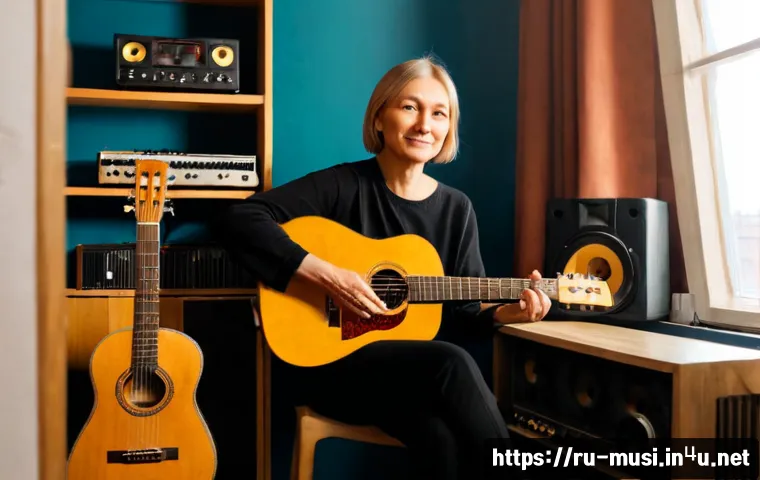 기타와 뮤지션 인터뷰 - Photorealistic editorial interview scene in a cozy Moscow independent music studio, a mature Russian...