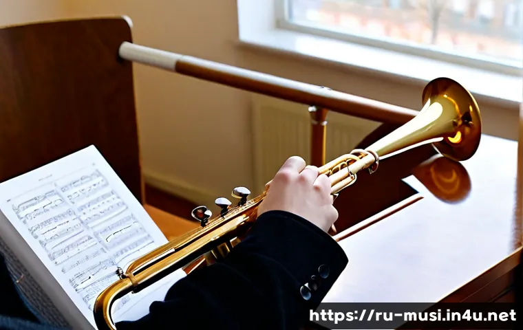 Home 17 트럼펫 초보자 입문 가이드 - Photorealistic beginner trumpet lesson at a bright Moscow apartment desk, adult learner holding a po...