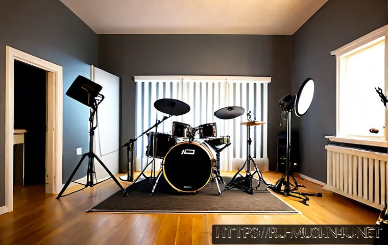 드럼 녹음 장비 추천 - Photorealistic home recording studio focused on a compact acoustic drum kit, two overhead condenser ...